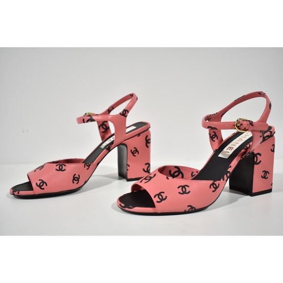 Chanel 22S Pink Black Printed Lambskin CC Logo Ankle Strap Block Heel Sandal 40 - Picture 8 of 10
